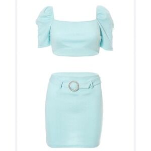 Fashion Nova Two Piece Ribbed Set Blue Turquoise Size Small Rare Jewel Skirt Set